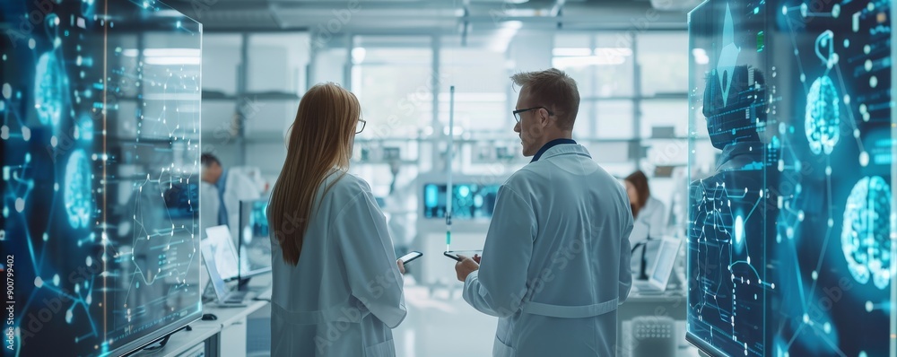 Poster two scientists in a modern laboratory discussing data on digital screens