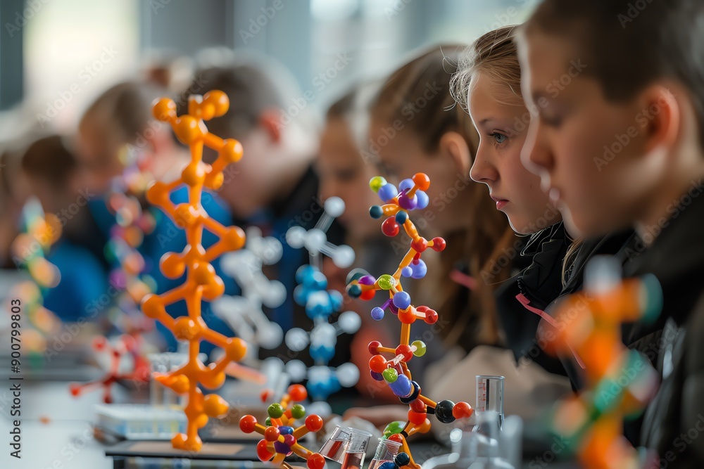 Poster students studying molecular models in a science classroom, focusing on hands-on learning and scienti