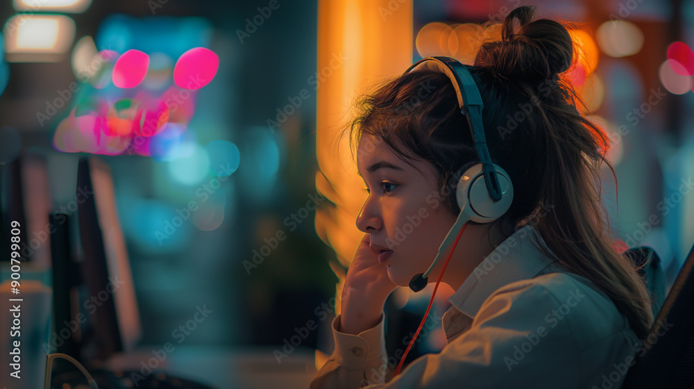 Wall mural young woman working late at a computer with headset in a neon-lit office environment