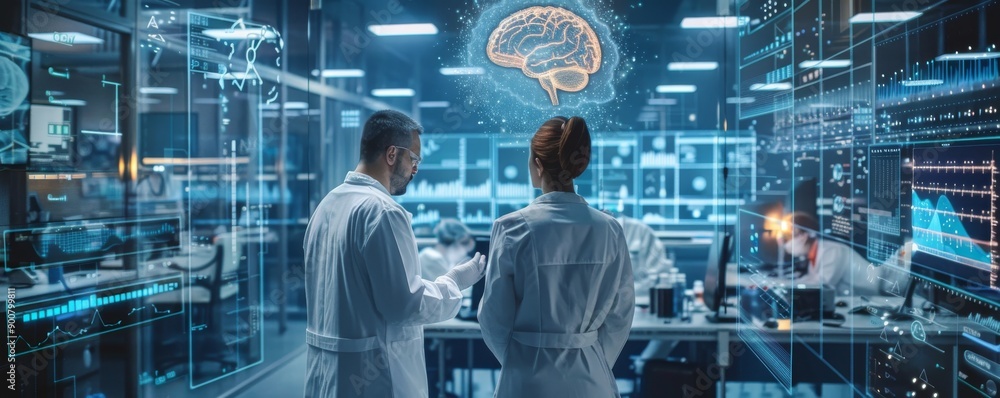 Poster scientists in white lab coats analyzing holographic brain data in high-tech laboratory