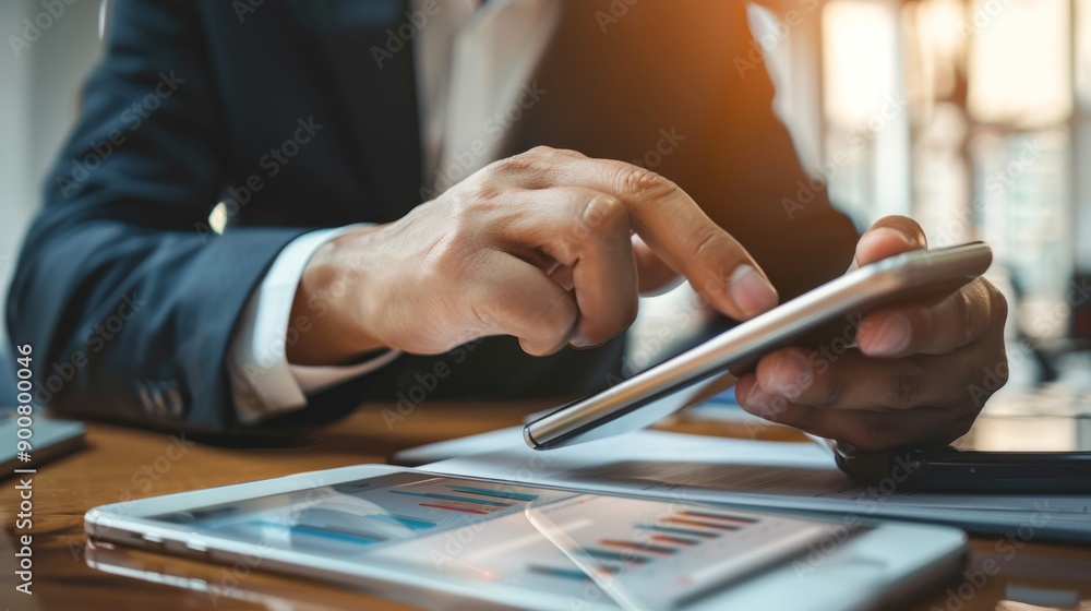 Aufkleber A man in a suit is using a tablet to point at a screen with graphs