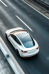 Electric car moving through city highway. Autonomous driving concept. Modern transportation and innovation. Banner, poster, advertisement. Aerial view © dreamdes