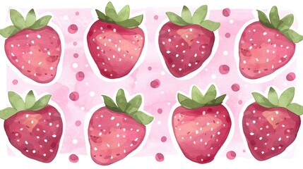   Group of strawberries on polka-dot background with green leaves
