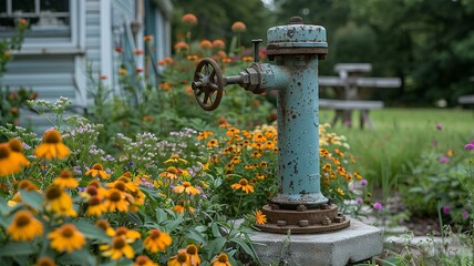Fototapeta premium Rusty Water Valve in a Garden Setting