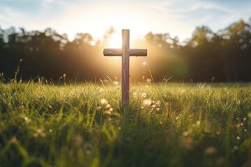 Christian cross lies on the green grass, sun rays