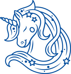 Head of magical pegasus horse with horn and long mane, covered with stars. Hand drawn.