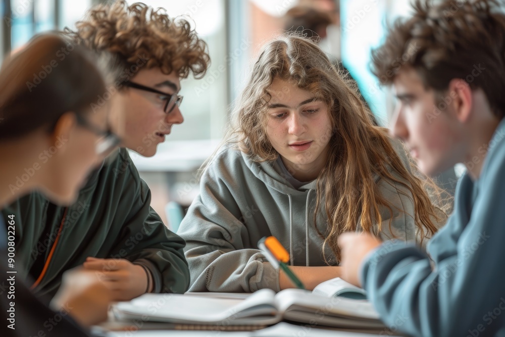 Aufkleber group of classmates discussing scientific theories with books and notes in study session