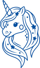 Cute unicorn flying from outer space with stars in mane and smile looks at you. Hand drawn.