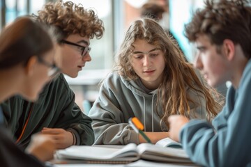 Group of Classmates Discussing Scientific Theories with Books and Notes in Study Session