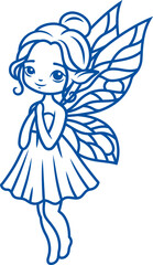 Good fairy stands with palms folded in front of chest and prays for fulfillment of wish. Hand drawn.