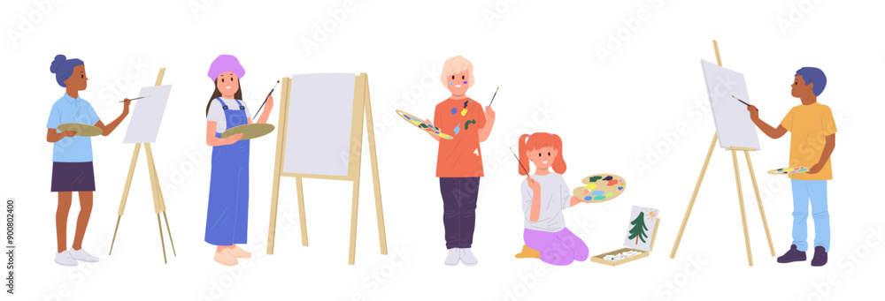 Wall mural children artists cartoon characters drawing pictures and painting on canvas set isolated on white