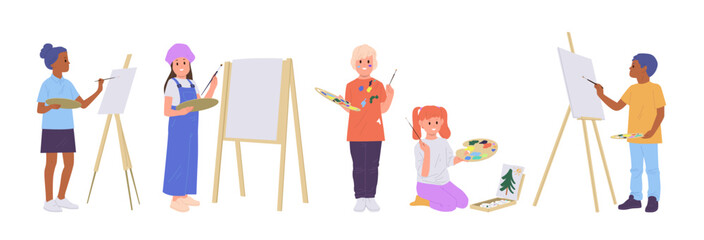 Children artists cartoon characters drawing pictures and painting on canvas set isolated on white