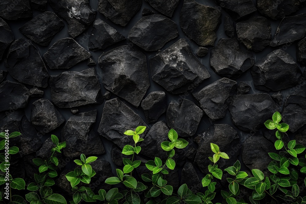 Sticker a black stone wall with green plants