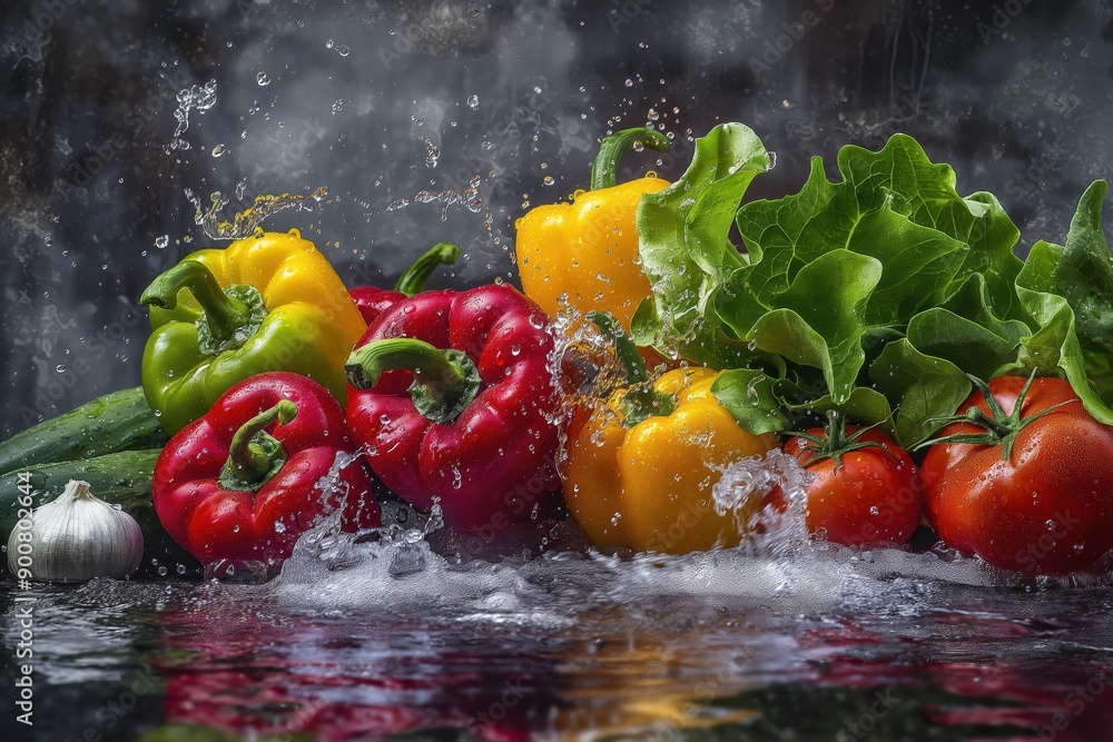 Sticker vegetables in water with water splashing on them