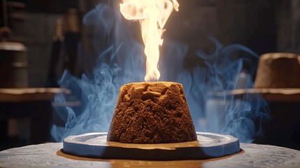 Obraz premium A close-up of a cake on a plate with intense smoke emanating from its peak