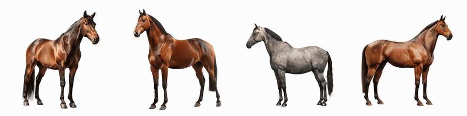 set of A horse standing majestically, Majestic Horse Standing Tall and Proud, Noble Horse in a Proud Stance, Stately Horse Standing Proudly, Horse Standing, on a transparent backgrounds