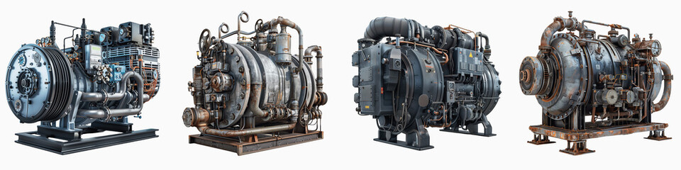 set of a large industrial compressor with detailed textures and components, Intricately Detailed Large Industrial Compressor, xquisite Details and Intricate Textures, on a transparent backgrounds