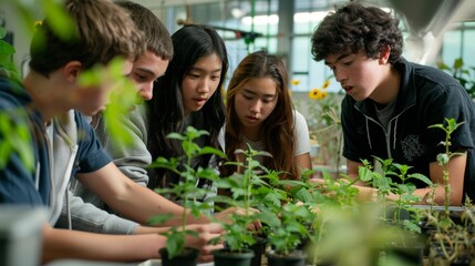 Students Examining Plants in Environmental Science Conservation Study Session