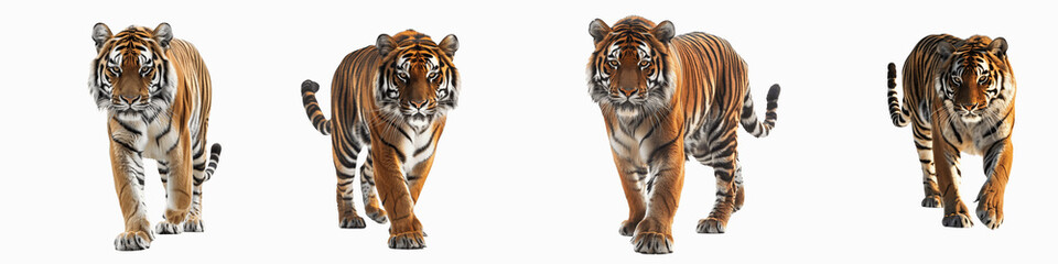 Naklejka premium set of A stunning tiger walking with a powerful stride, Powerful Stride of a Majestic Tiger, The Majestic Walk of a Striking Tiger, Majestic Tiger in a Powerful Stride, on a transparent backgrounds