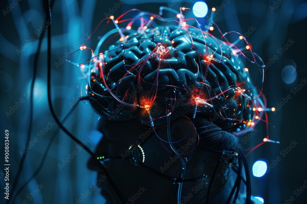 Poster conceptual image showcasing a brain model with illuminated neural links