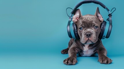 Adorable Puppy with Headphones on Blue Monotone Background - Ideal for Soothing Banner Design