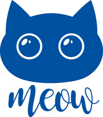 Funny cat with big eyes and meow signature for promo of delicious cat food. Hand drawn.