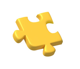 Obraz premium Yellow puzzle piece 3d icon. Abstract jigsaw detail ready for connected or disassembling isolated on white background. Logic game toy template missing cut choice connection. Variation attached