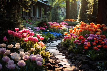 a beautiful garden with colorful flowers high quality