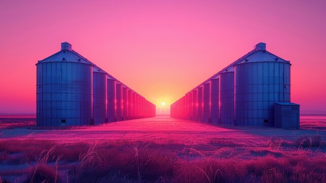 Silhouetted Grain Elevators at Sunset