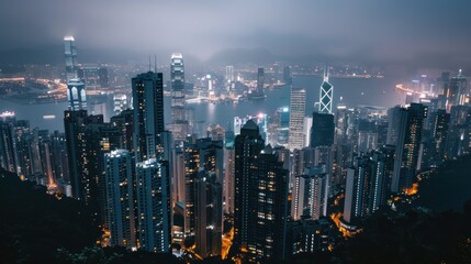 Obraz premium Nighttime View of Hong Kong's Dense Skyscrapers