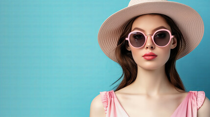 Fototapeta premium Woman in pink sunglasses, hat, and dress on blue background. ..