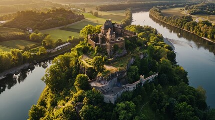 Aerial View of Historic Castle Surrounded by Lush Greenery and Winding River