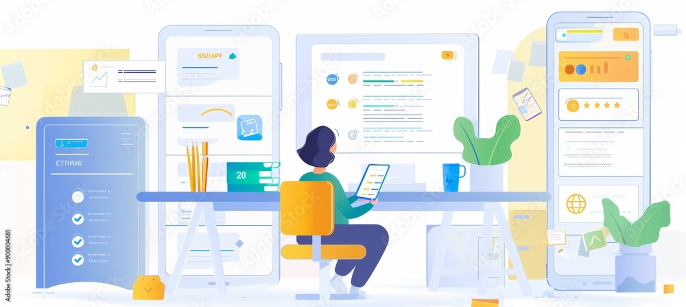 Poster online learning in modern workspace with mobile apps and interactive screens - ideal for educational