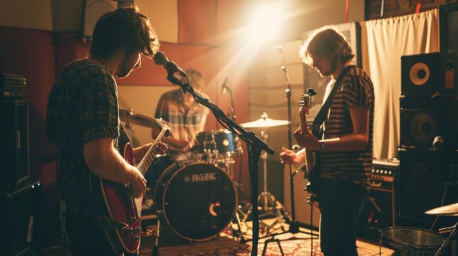 Home Recording Session with Young Musicians Playing Instruments and Singing