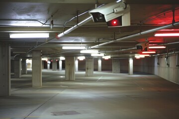 Secure Parking Garage with Surveillance Cameras Monitoring Dimly Lit Area