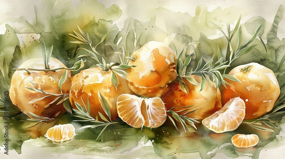 Poster a painting of oranges with leaves atop and beneath is a depiction of oranges surrounded by foliage