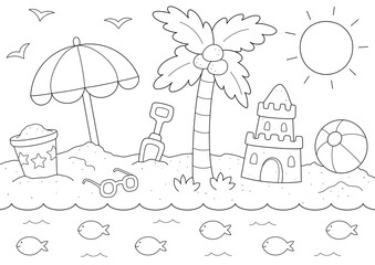 a4 size coloring page for kids or adults. summer beach scene