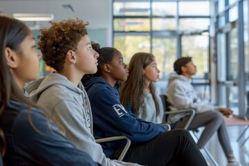 Obraz premium Diverse Group of Students Attentively Listening in Bright Modern Classroom