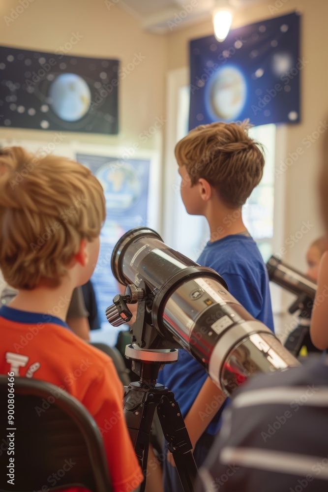 Poster children learning astronomy with telescopes in classroom planetarium setting