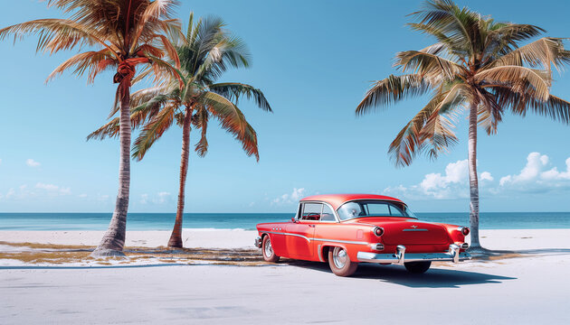 Classic red car parked by the shore, evoking nostalgia and summer vibes with its vintage charm against a backdrop of palm trees and ocean waves. Gataway and retro traveling in exotic Caribean concept