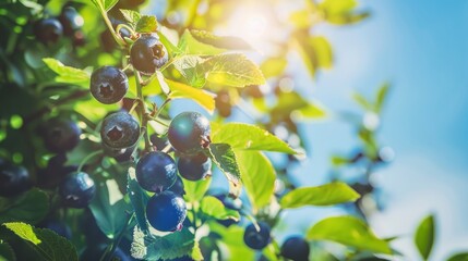 Close-up of ripe blueberries on a bush with sunlight filtering through leaves. Concept of fresh produce, gardening, summer, and healthy eating