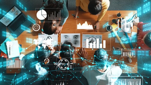 Top view of skilled business team put graphic logo on meeting table with colorful sticky notes and start to design while explain idea. Smart project manager explain about financial graph. Symposium. - Powered by Adobe