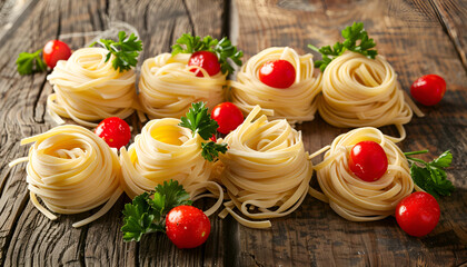 Dry Italian pasta Barbine in nests with cherry tomatoes and parsley on the old wooden background, assorted pasta