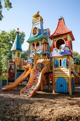 Colorful Storybook-Themed Playground with Kids Playing on Creative Equipment