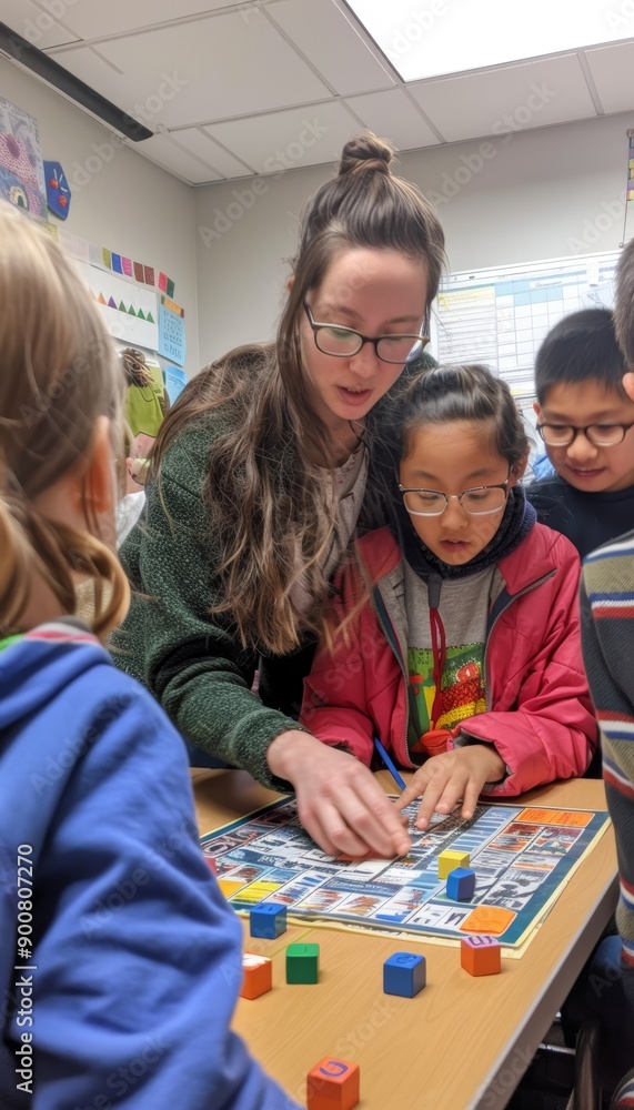 Poster teacher assisting students with math exercise using visual aids and manipulatives in classroom