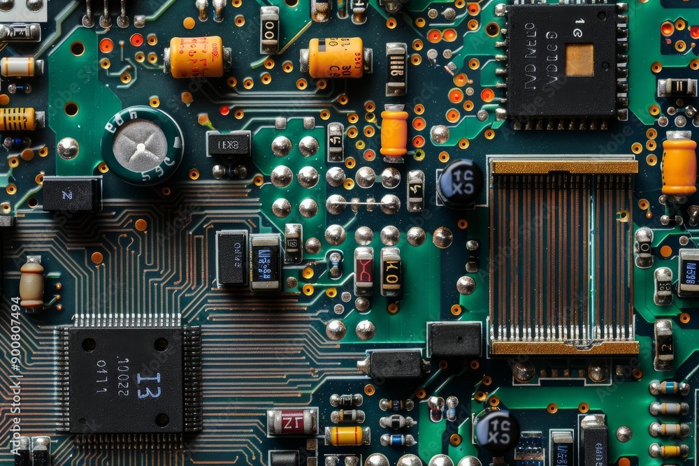 Poster detailed closeup of intricate circuit board with various electronic components. microchips. and intr