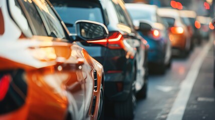 Fototapeta premium A Line of Cars Stopped In Traffic on a City Street