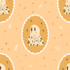 Halloween ghosts medallion seamless pattern. Oval emblem with ghoul repeat background. cute monster retro circular autumn festive badge endless surface design. Vector hand drawn flat illustration.