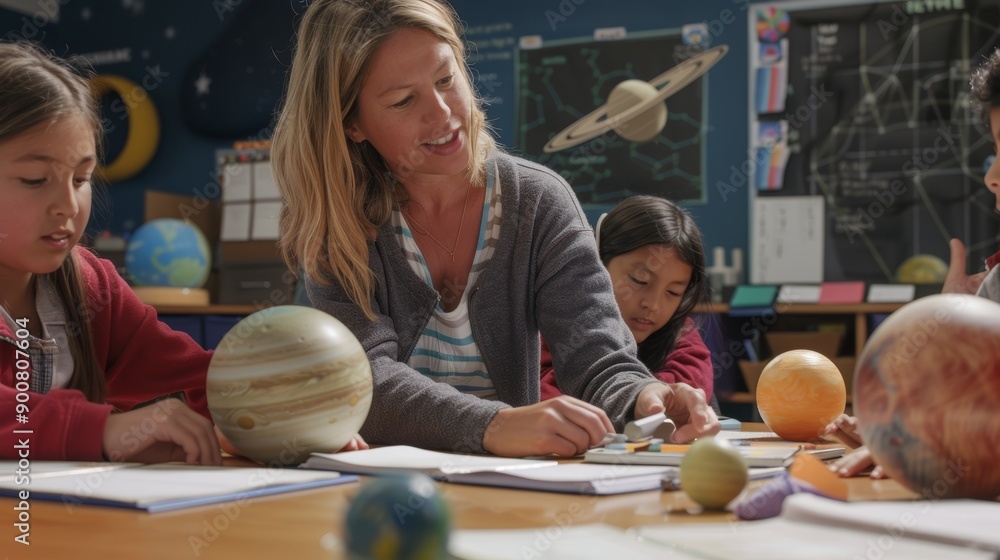 Poster teacher leading engaged students in solar system discussion with planet models in classroom setting