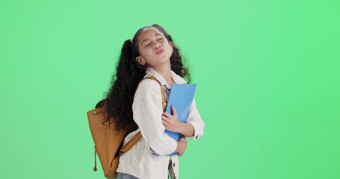 Girl, child and backpack on green screen for back to school, education or learning with books and resources. Face of excited and smart kid or student for knowledge or scholarship on studio background